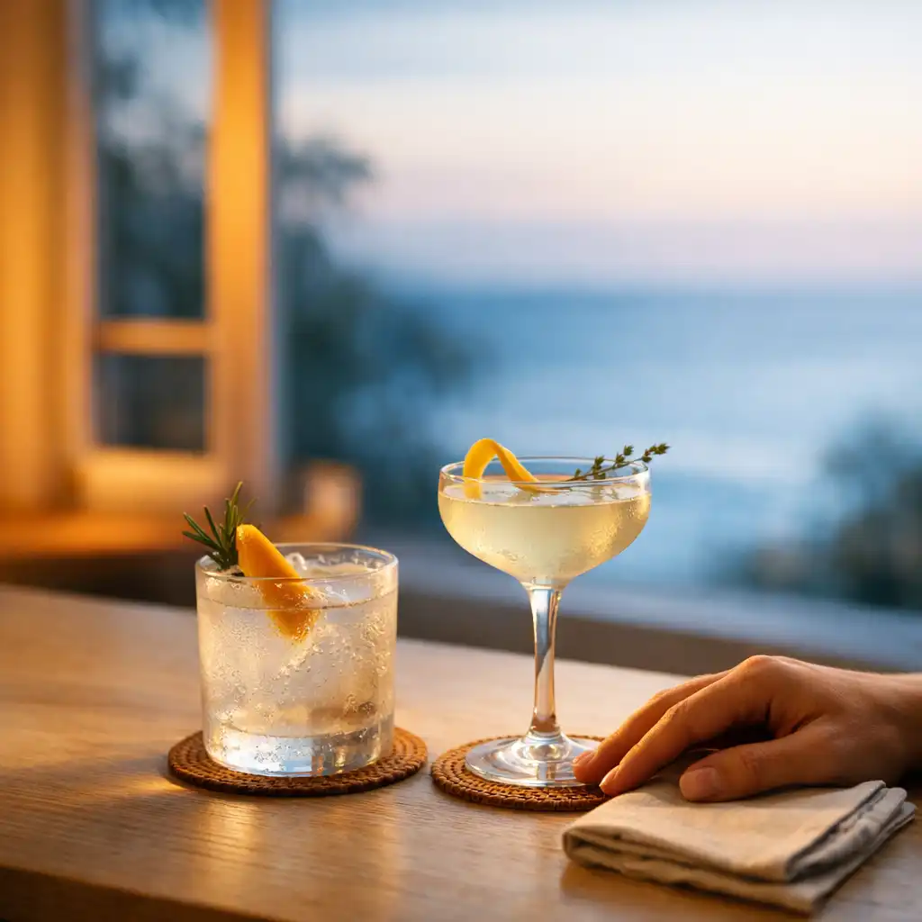 Two unbranded cocktails with citrus and herbs on a pale timber bar at sundown.