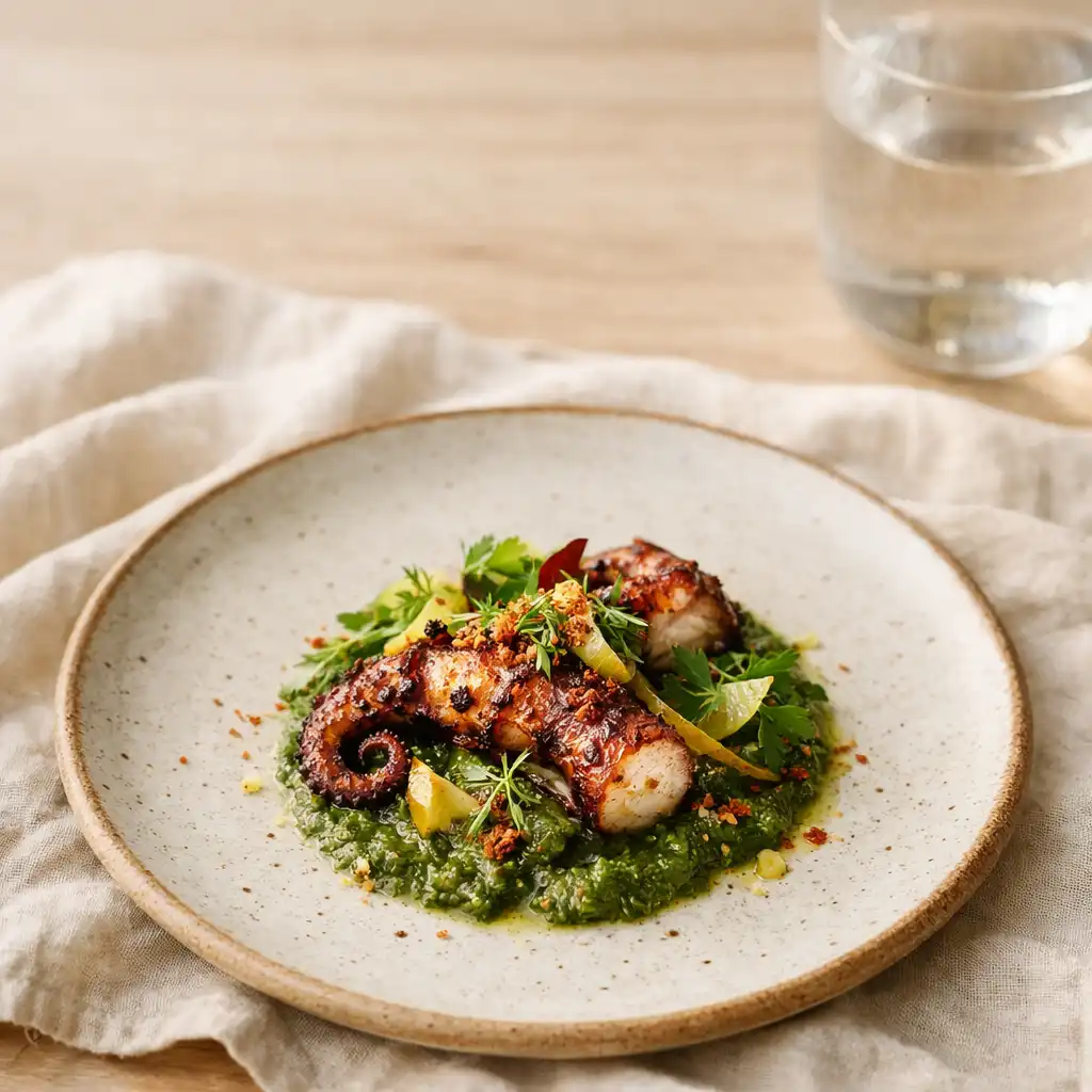 Charred octopus small plate on warm ivory linen and pale timber.