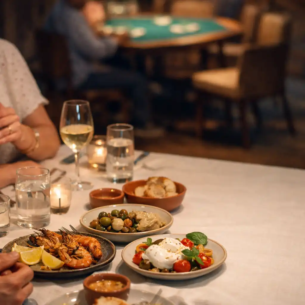 Shared late-evening table with small plates, linen and water glasses in a refined dining venue.