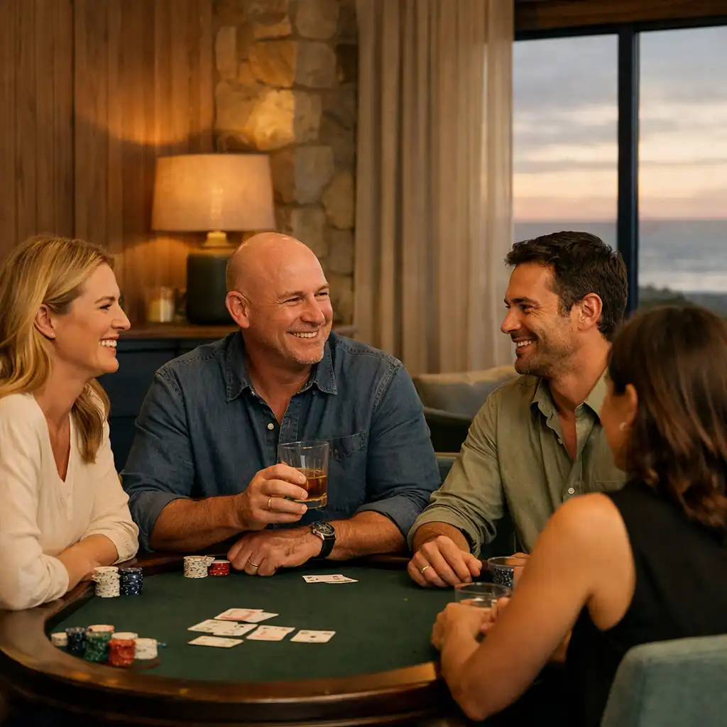 Adult guests in relaxed conversation beside a poker table in Mobari Rift's softly lit card lounge.