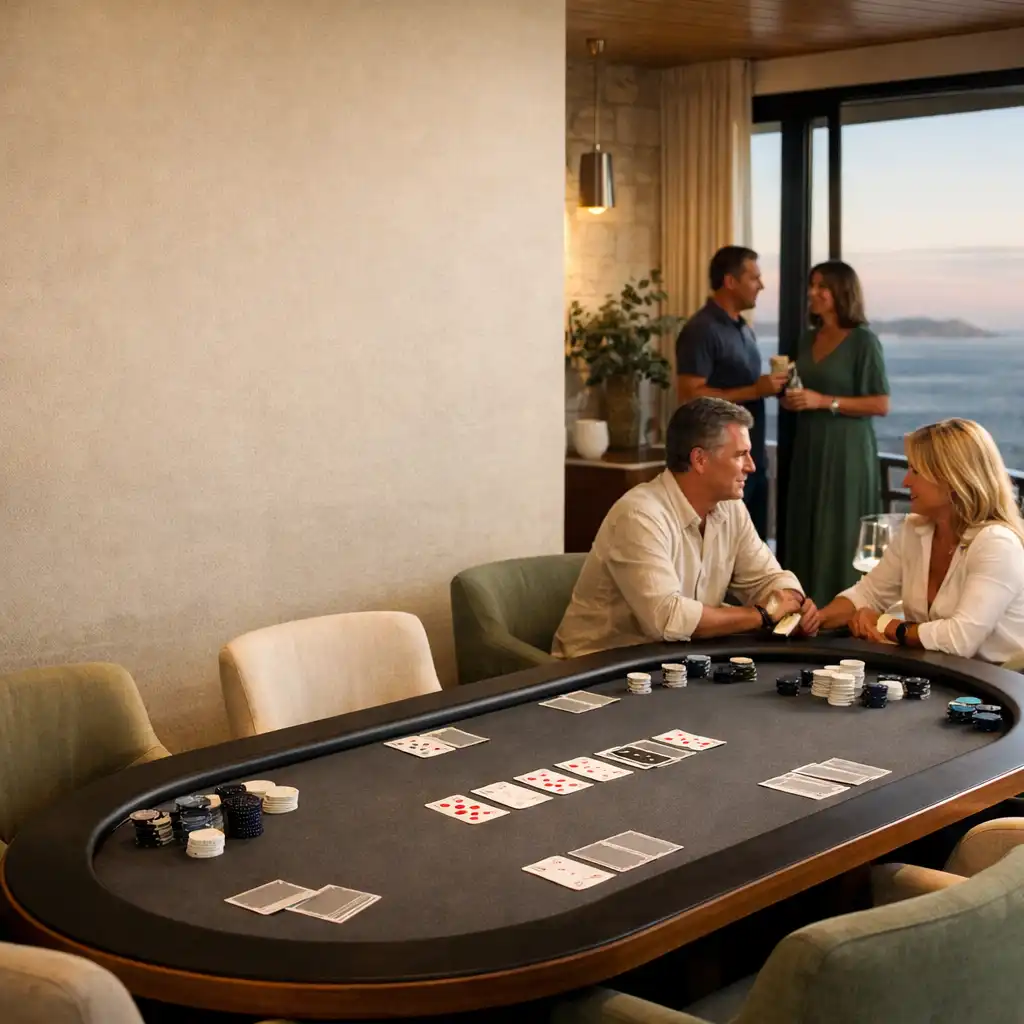 A refined Mobari Rift card lounge with a prepared table, upholstered seating and adult guests in relaxed conversation.