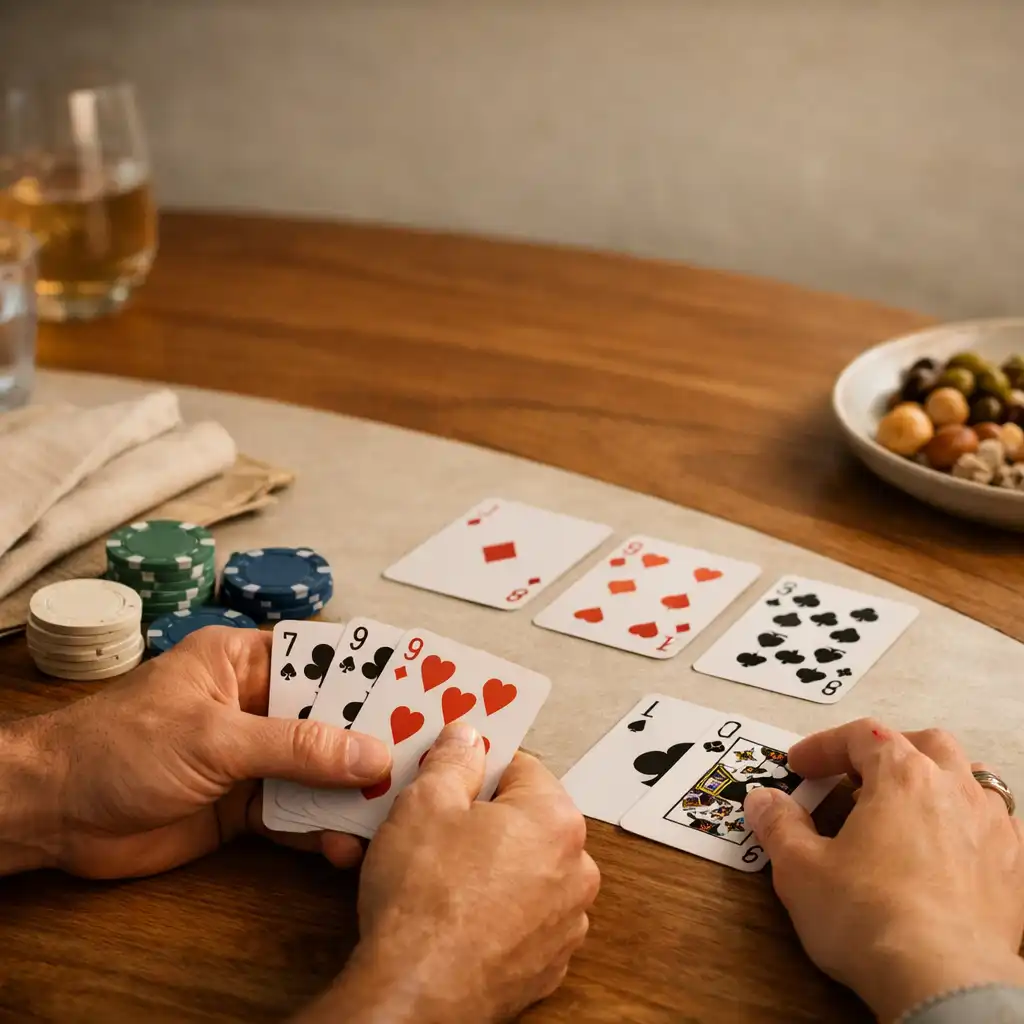 Adult hands around playing cards on a deep ocean felt table in Mobari Rift's physical card lounge.