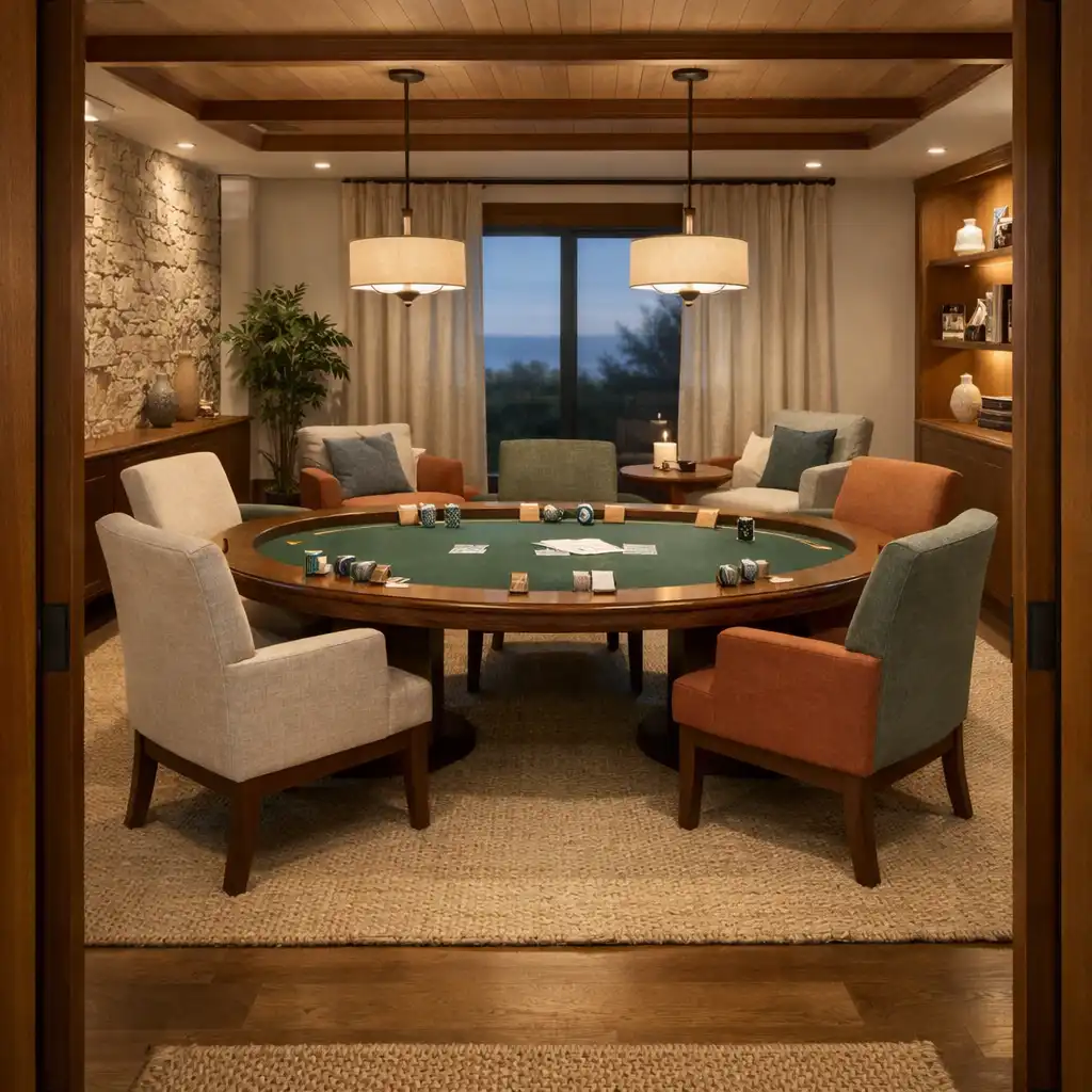 A quietly prepared Mobari Rift card lounge with upholstered chairs, timber joinery and a central table.