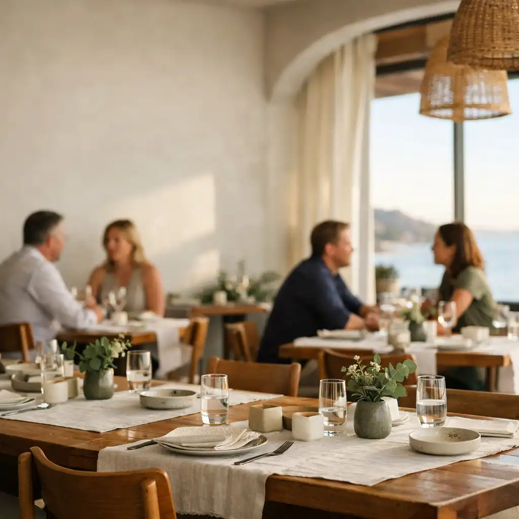 Warmly lit Mobari Rift dining room with linen-dressed tables and guests in conversation.