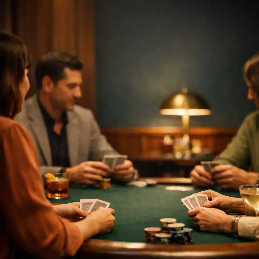 Adults gathered around a real poker table in Mobari Rift's refined evening card lounge