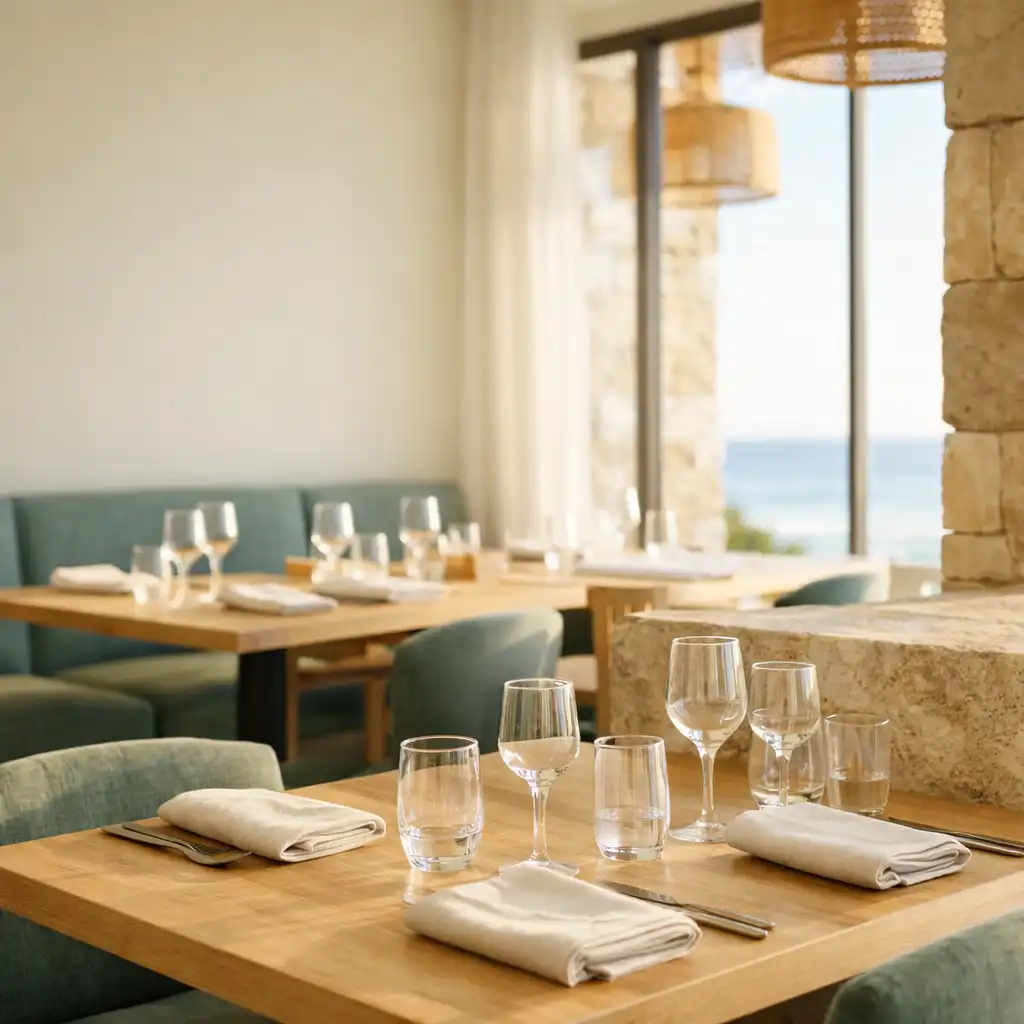 Light-filled Mobari Rift dining room with pale timber tables, linen and glassware