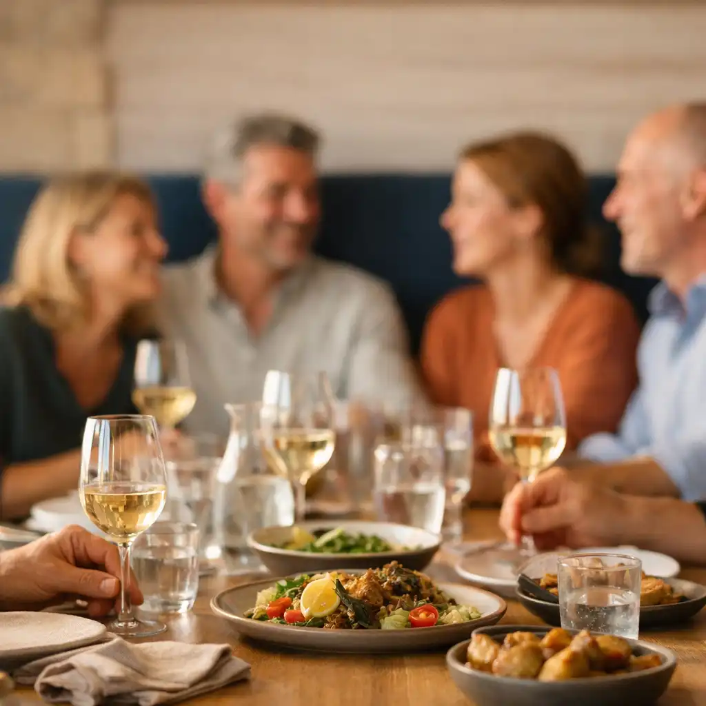 Adults in conversation around a warmly lit shared restaurant table at Mobari Rift