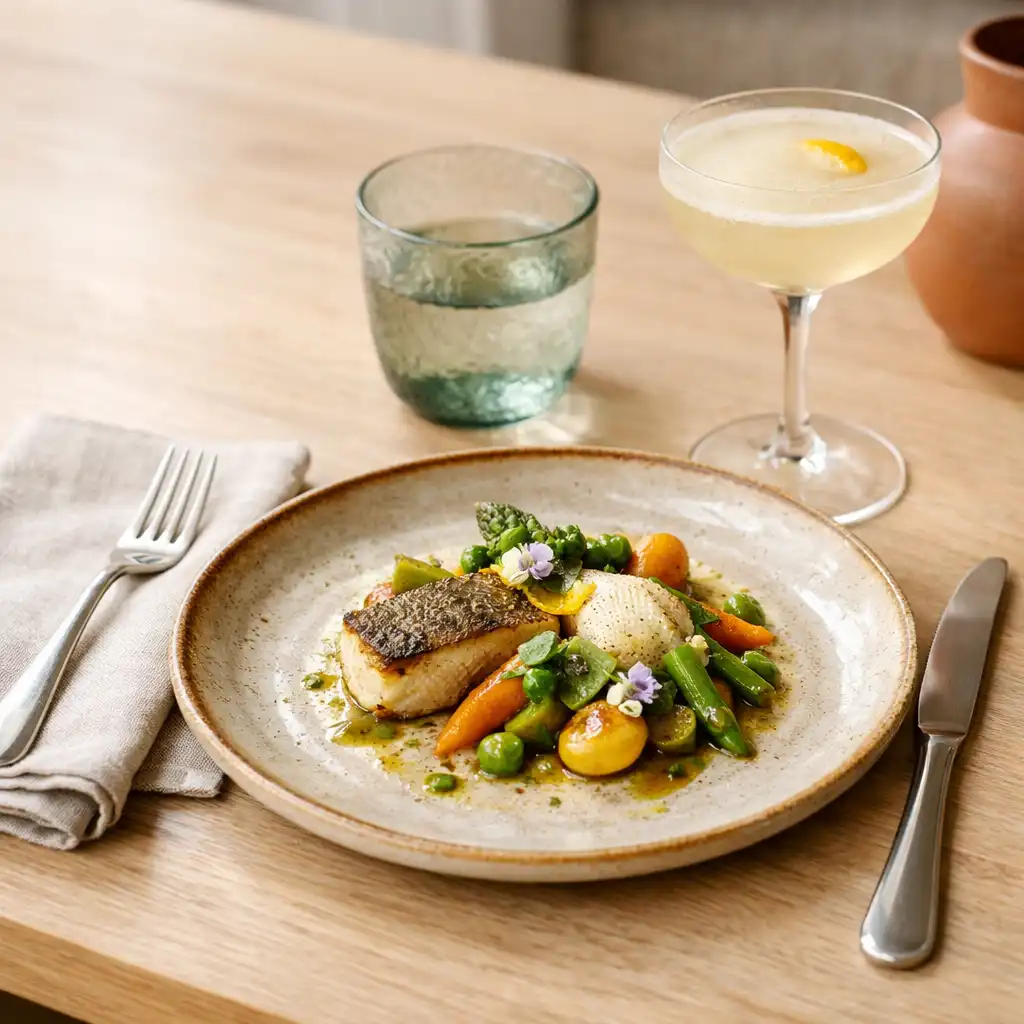Seasonal plated dish, linen and cocktail on a pale timber table at Mobari Rift