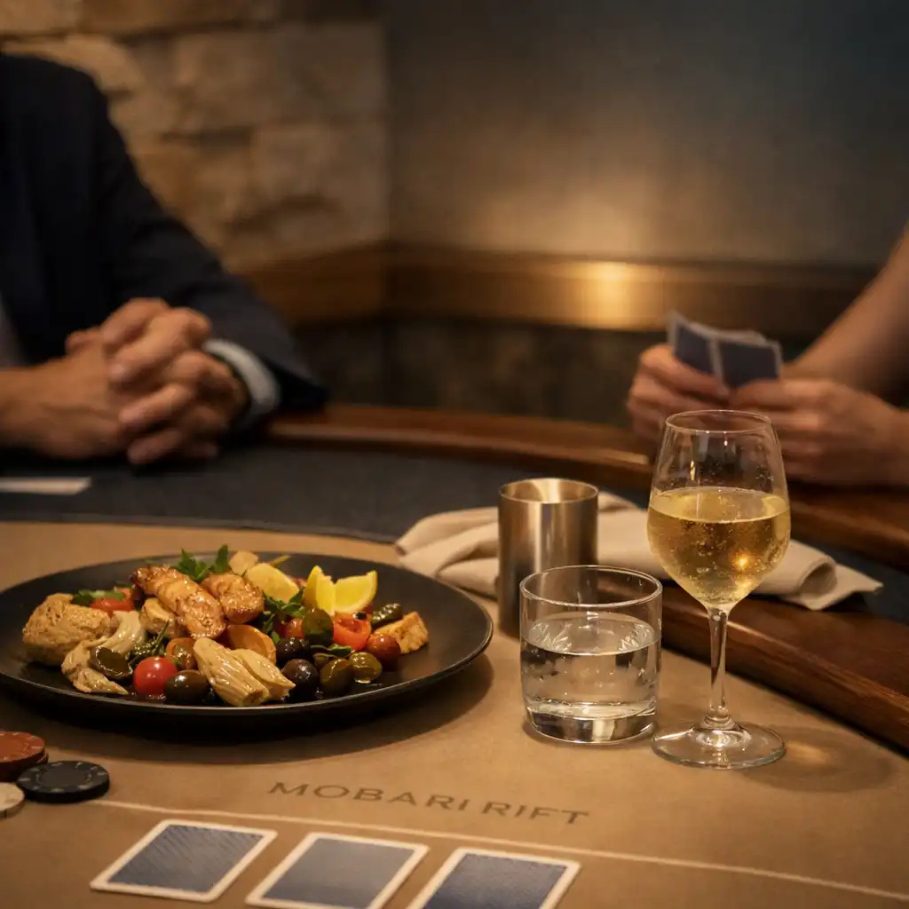 A plated shared dish and glassware beside a clear card-table surface at Mobari Rift.