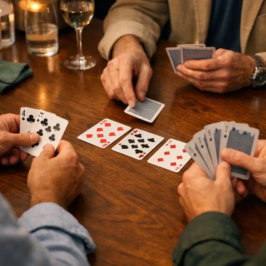Adult hands around simple playing cards on a timber table in Mobari Rift’s card lounge.