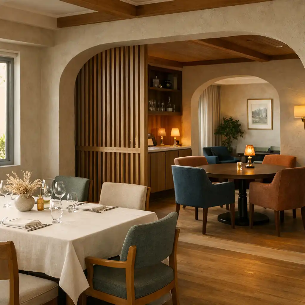 Timber dining setting with linen and a quieter lounge-adjacent area inside Mobari Rift.