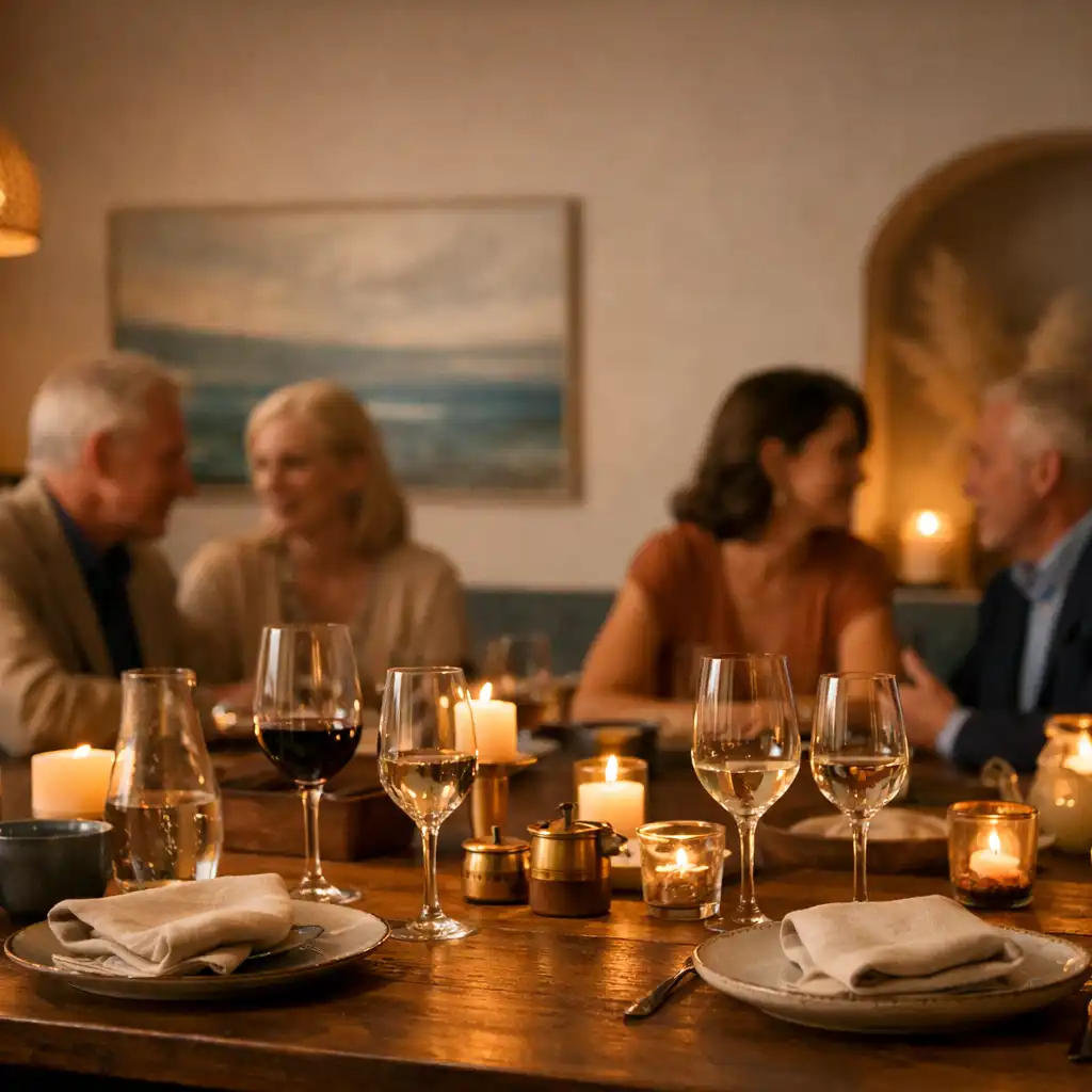 A softly lit private dining table set for an evening gathering at Mobari Rift.