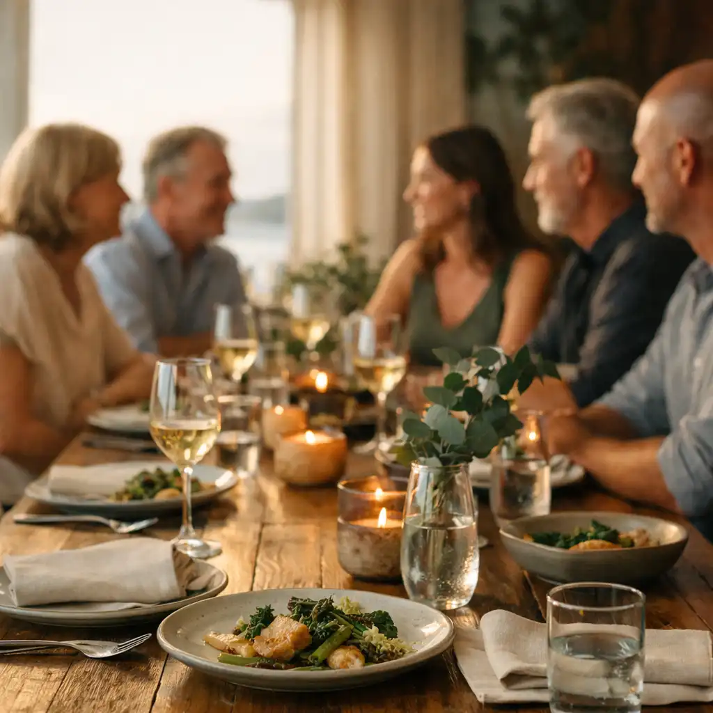 Adult guests in conversation around a long, linen-dressed dining table at Mobari Rift.