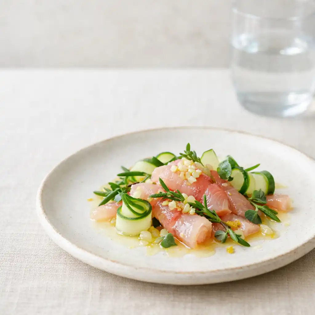 Composed citrus crudo-style starter on an off-white ceramic plate.